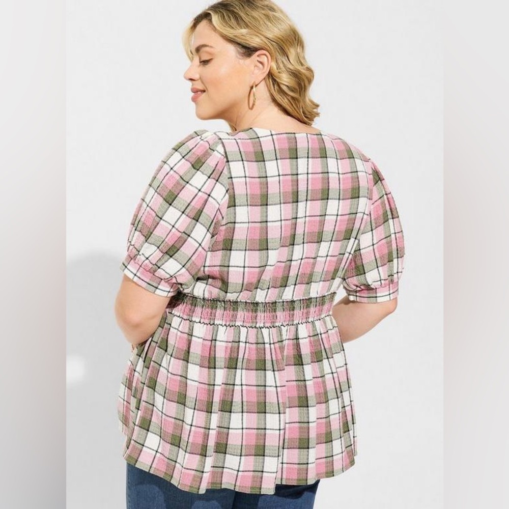 Torrid Plaid Babydoll Crinkle Flannel Gauze Button Up Short Sleeve Plus Size 1X - Picture 3 of 12